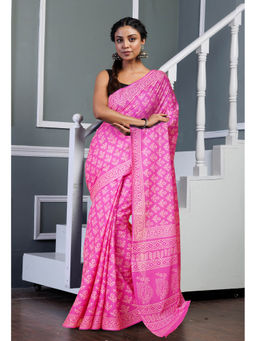 Unnati Silks - Pink Pure Hand Block Printed Soft Cotton Saree with Unstitched Blouse