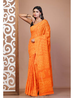 Unnati Silks - Orange Pure Hand Block Printed Soft Cotton Saree with Unstitched Blouse