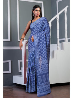 Unnati Silks - Navy Blue Pure Hand Block Printed Soft Cotton Saree with Unstitched Blouse