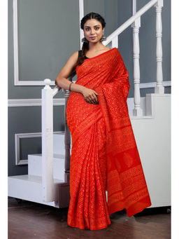Unnati Silks - Red Pure Hand Block Printed Soft Cotton Saree with Unstitched Blouse