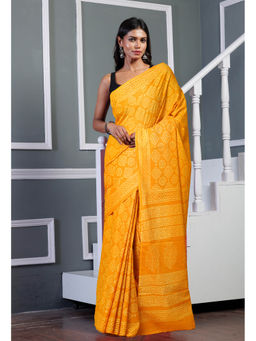 Unnati Silks - Mustard Pure Hand Block Printed Soft Cotton Saree with Unstitched Blouse