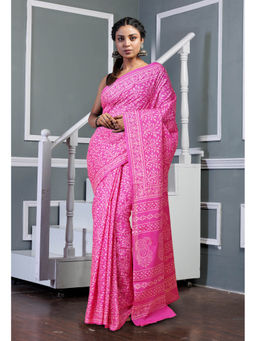 Unnati Silks - Pink Pure Hand Block Printed Soft Cotton Saree with Unstitched Blouse