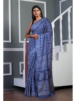 Unnati Silks - Navy Blue Pure Hand Block Printed Soft Cotton Saree with Unstitched Blouse
