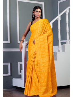 Unnati Silks - Yellow Pure Hand Block Printed Soft Cotton Saree with Unstitched Blouse