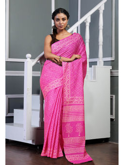 Unnati Silks - Pink Pure Hand Block Printed Soft Cotton Saree with Unstitched Blouse