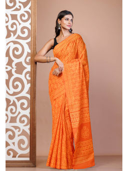 Unnati Silks - Orange Pure Hand Block Printed Soft Cotton Saree with Unstitched Blouse