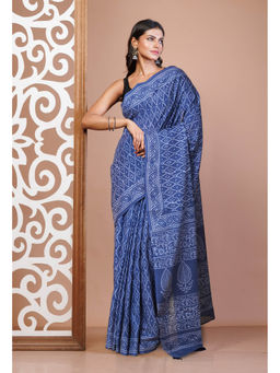 Unnati Silks - Navy Blue Pure Hand Block Printed Soft Cotton Saree with Unstitched Blouse