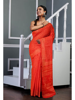 Unnati Silks - Red Pure Hand Block Printed Soft Cotton Saree with Unstitched Blouse