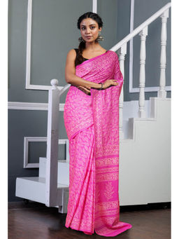 Unnati Silks - Pink Pure Hand Block Printed Soft Cotton Saree with Unstitched Blouse