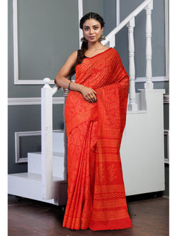 Unnati Silks - Red Pure Hand Block Printed Soft Cotton Saree with Unstitched Blouse