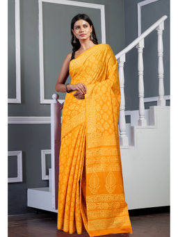 Unnati Silks - Mustard Pure Hand Block Printed Soft Cotton Saree with Unstitched Blouse