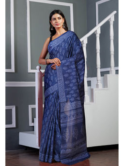 Unnati Silks - Navy Blue Pure Hand Block Printed Soft Cotton Saree with Unstitched Blouse