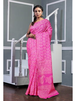 Unnati Silks - Pink Pure Hand Block Printed Soft Cotton Saree with Unstitched Blouse