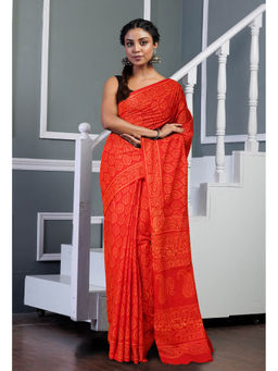 Unnati Silks - Red Pure Hand Block Printed Soft Cotton Saree with Unstitched Blouse