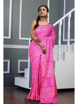 Unnati Silks - Pink Pure Hand Block Printed Soft Cotton Saree with Unstitched Blouse