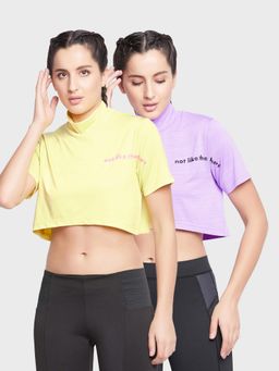 Clovia - Comfort Fit Text Print Turtleneck Active Crop Top Multi-Color (Pack of 2)