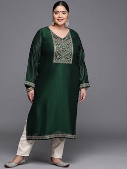 Extra love by Libas - Plus Size Women Green Yoke Design Silk Kurtas for Women