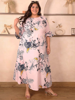Indietoga Plus Size - Womens Plus Size Pink Floral Printed Polyester Crepe Flare Maxi Dress