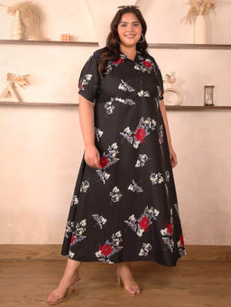 Indietoga Plus Size - Womens Plus Size Black Floral Printed Polyester Crepe Flare Maxi Dress