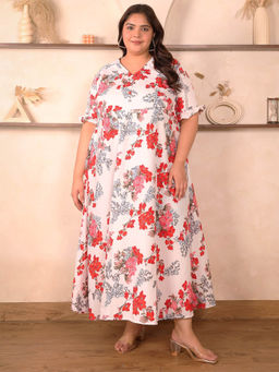 Indietoga Plus Size - Womens Plus Size White Floral Printed Polyester Crepe Flare Maxi Dress