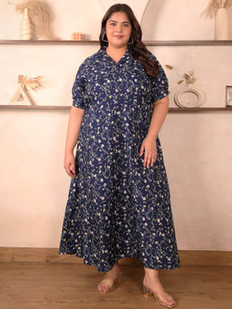 Indietoga Plus Size - Womens Plus Size Blue Floral Printed Polyester Crepe Flare Maxi Dress
