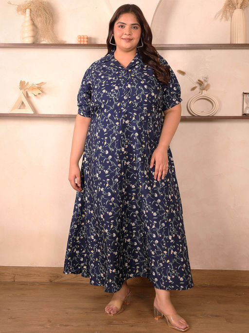 Indietoga Plus Size Womens Plus Size Blue Floral Printed Polyester Crepe Flare Maxi Dress