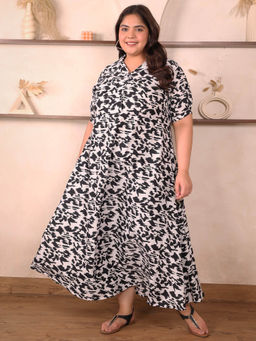Indietoga Plus Size - Womens Plus Size White Printed Polyester Crepe Fit and Flare Maxi Dress