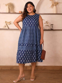 Indietoga Plus Size - Womens Plus Size Navy Blue Printed Cotton Tiered Midi Dress