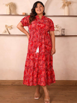 Indietoga Plus Size - Womens Plus Size Red Floral Printed Cotton Tiered A-Line Maxi Dress