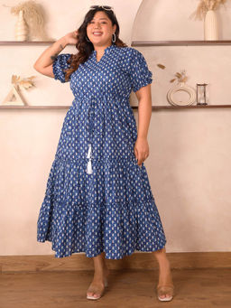 Indietoga Plus Size - Womens Plus Size Blue Floral Print Cotton Tiered A-Line Maxi Dress