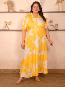 Indietoga Plus Size - Womens Plus Size Yellow Floral Printed Rayon Fit and Flare Maxi Dress
