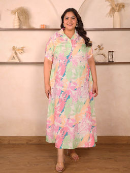 Indietoga Plus Size - Womens Plus Size Multi-Color Floral Printed Rayon Fit and Flare Maxi Dress