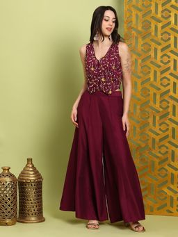 Globus - Wine V-neck Floral Embroidered Waistcoat With Palazzos