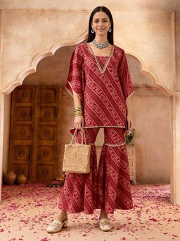 Globus - Red Bandhani Foil Print V-neck Lace Detail Co-ord Set