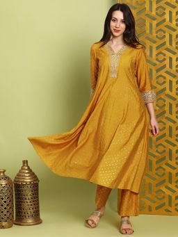 Globus - Mustard Zari Embroidered V-neck Print Co-Ord Set