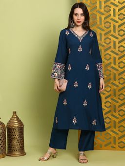 Globus - Navy Blue Floral Embroidered V-neck Full Sleeves A-line Kurta With Pant