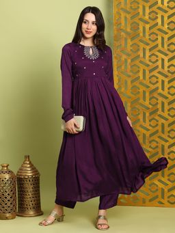 Globus - Purple Sequin Embroidered Keyhole Neck Anarkali Kurta With Pant