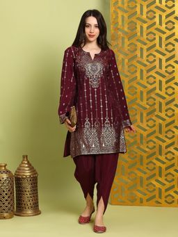 Globus - Maroon Round Neck Bell Sleeves Gold Print Straight Kurta With Dhoti