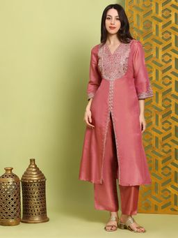Globus - Pink Mirror Work Embroidered V-neck Front Slit A-line Kurta With Pant