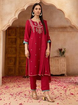 Globus - Red Zari Embroidered Straight Kurta With Pant and Dupatta