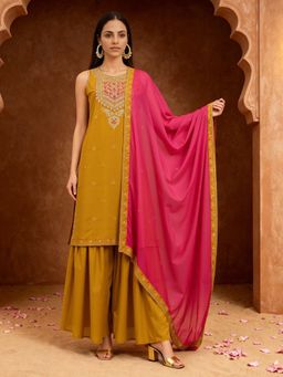 Globus - Mustard Floral Zari Embroidered Round Neck Straight Kurta With Sharara and Dupatta