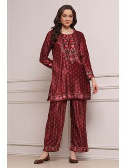 Biba - Women Maroon Polyester Printed Kurta and Pant