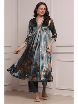 Biba - Women Grey Blended Printed Anarkali Kurta and Pant