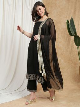 Globus - Black Shoulder Straps Embroidered Straight Kurta With Pant and Dupatta