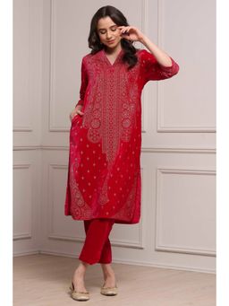 Biba - Women Red Polyester Straight Printed Kurta and Pant