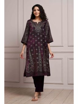 Biba - Women Purple Polyester Straight Printed Kurta and Pant