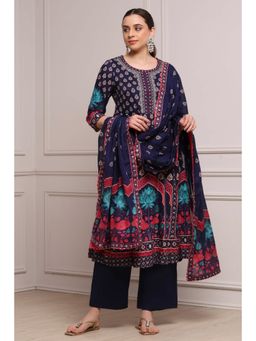 Biba - Women Navy Cotton Anarkali Printed Kurta and Pant with Dupatta