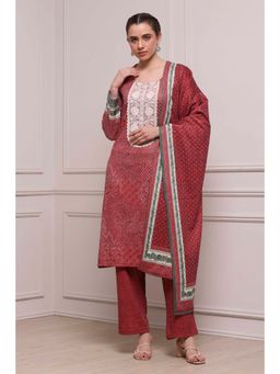Biba - Women Red Blended Straight Printed Kurta and Pant with Dupatta