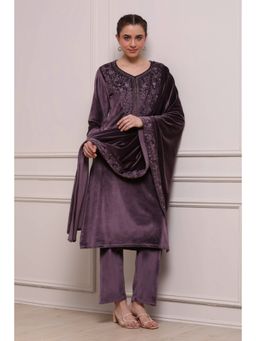 Biba - Women Purple Polyester Straight Kurta and Pant with Dupatta