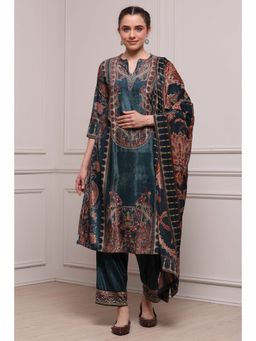 Biba - Women Botle Green Polyester Straight Printed Kurta and Pant with Dupatta